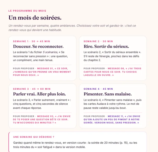 Le guide · un mois de soirées, une ambiance par semaine