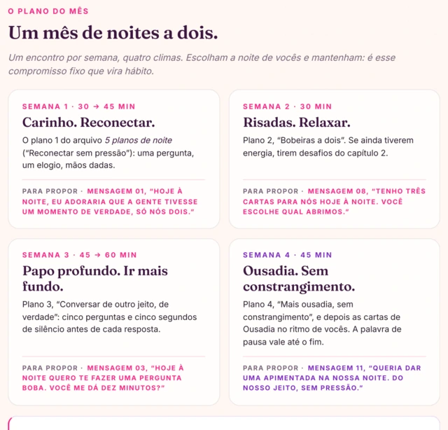 O guia · um mês de noites a dois, um clima por semana